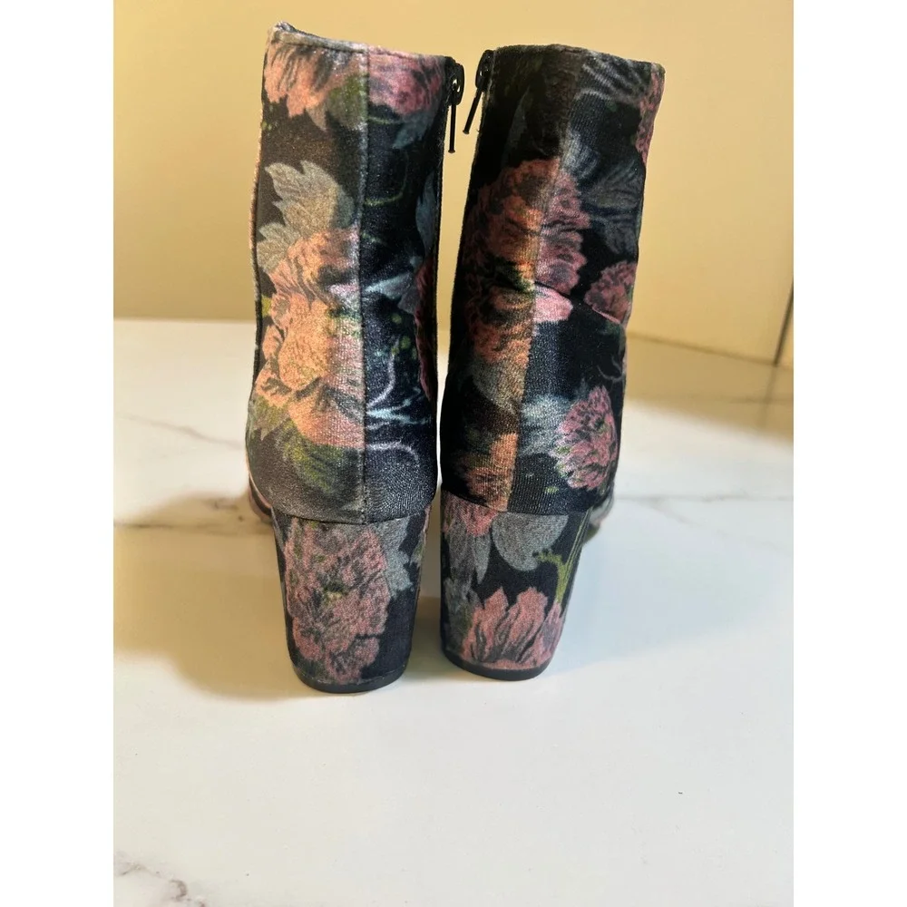 Floral Velvet Block Heel Ankle Boots Pink Green Black Round Toe Side Zip 8.5